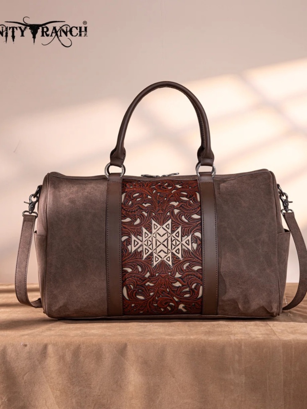Trinity Ranch Floral Aztec Tooled Collection Weekender Bag Coffee - Picture 1 of 8